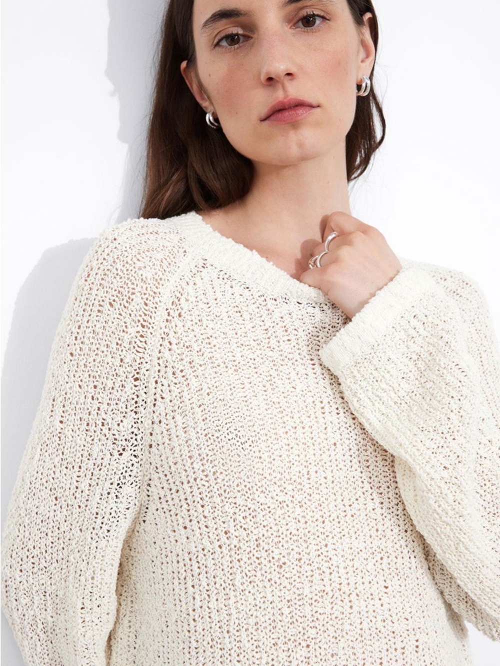 & Other Stories L Silk Cotton Blend Open Weave Knit Neutral Minimalist Boho Cozy
